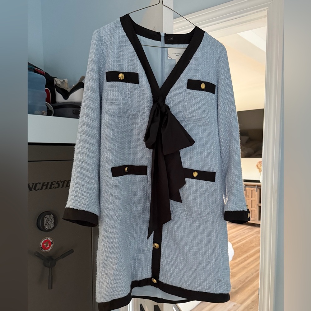 Light Blue Tweed Bow-Front Coatigan with Black Trim